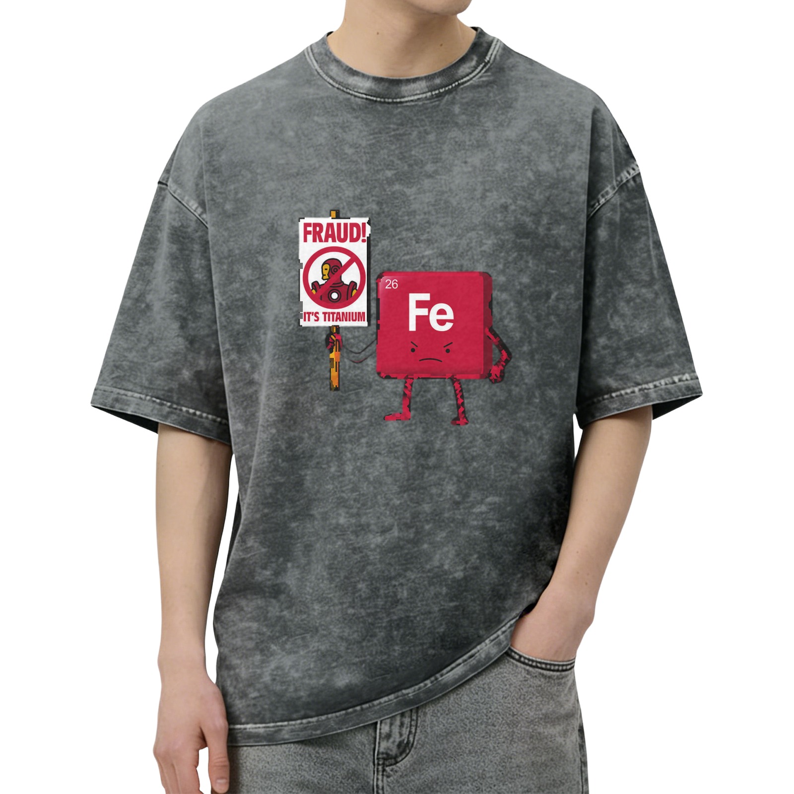 Oversized Acid Wash T-Shirt with Funny Iron Man Titanium vs Iron Element Graphic