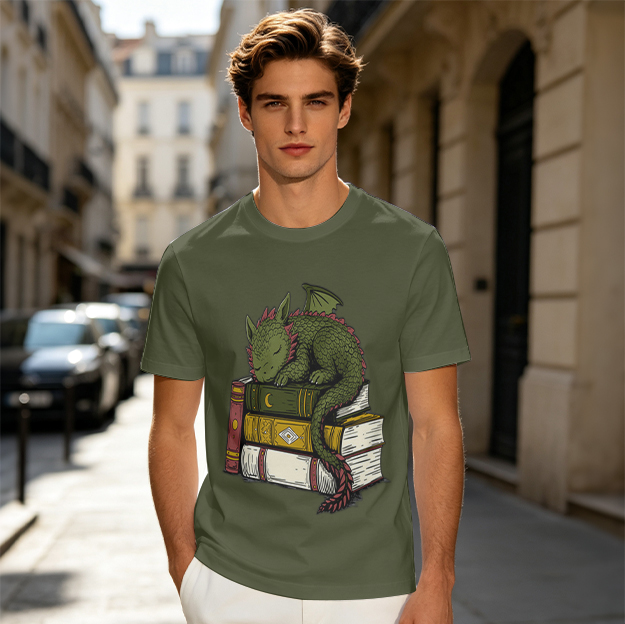 Olive green t-shirt with a sleeping dragon on vintage books print