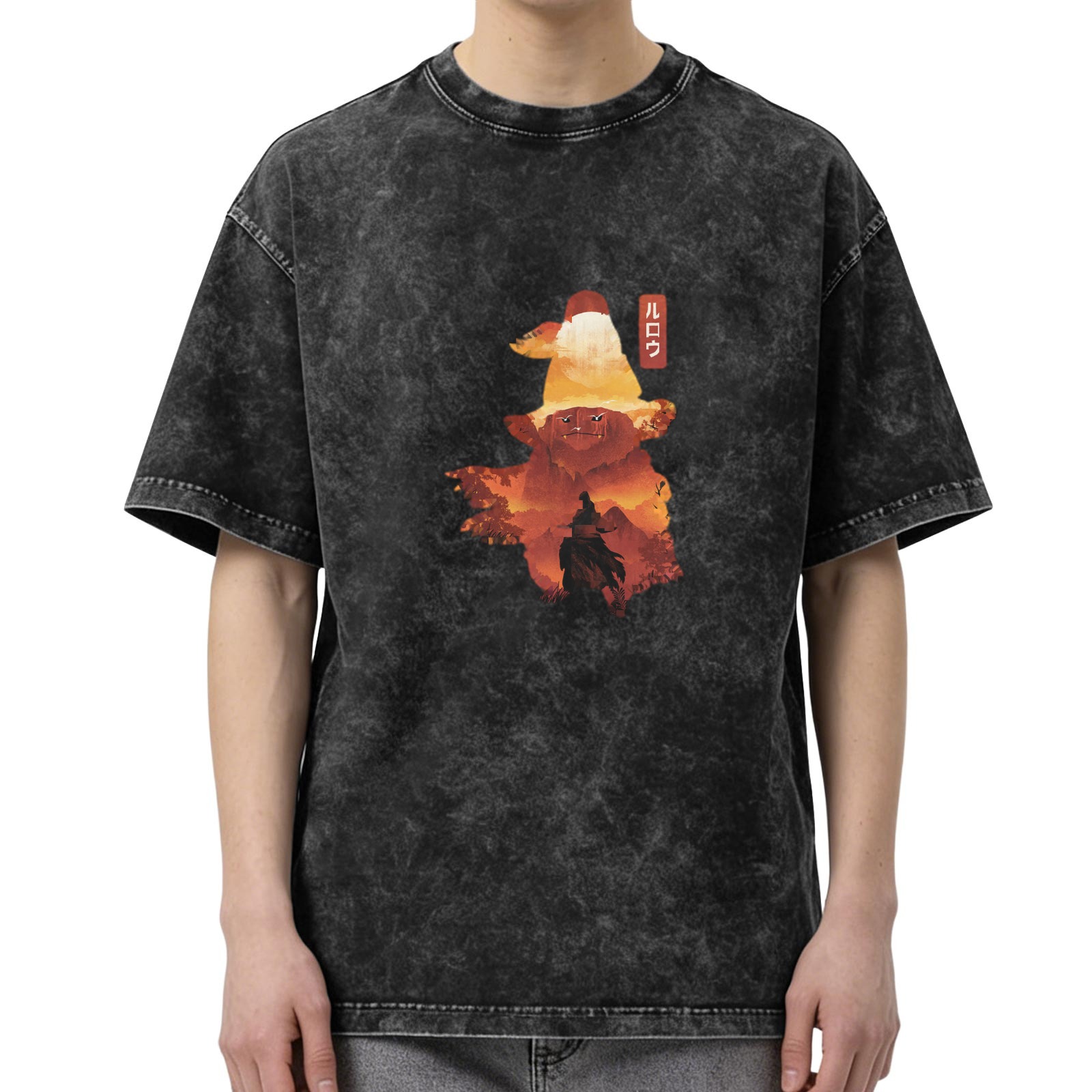 Oversized dark washed graphic t-shirt with wizard silhouette art