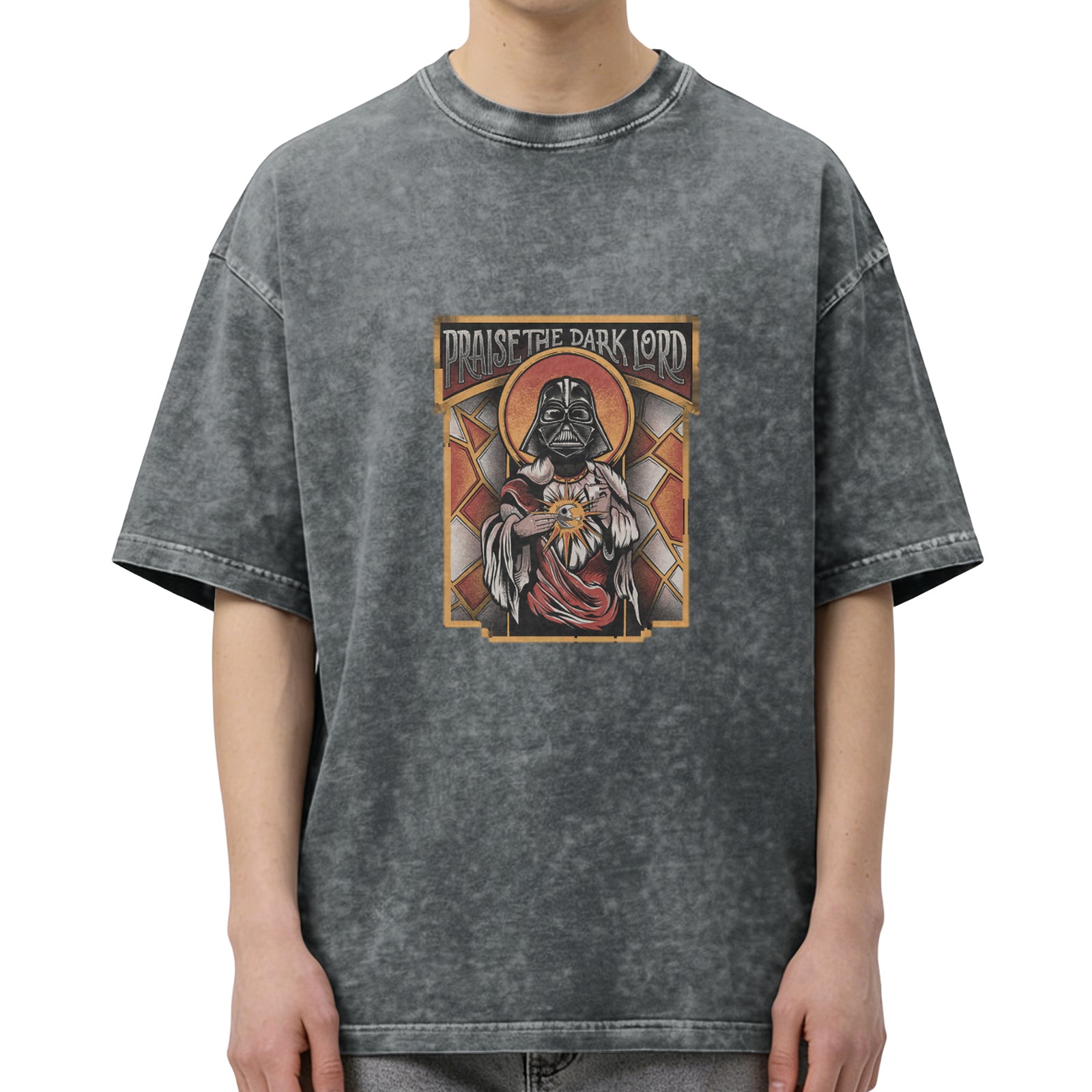 Washed Black T-Shirt with Praise the Dark Lord Darth Vader Graphic