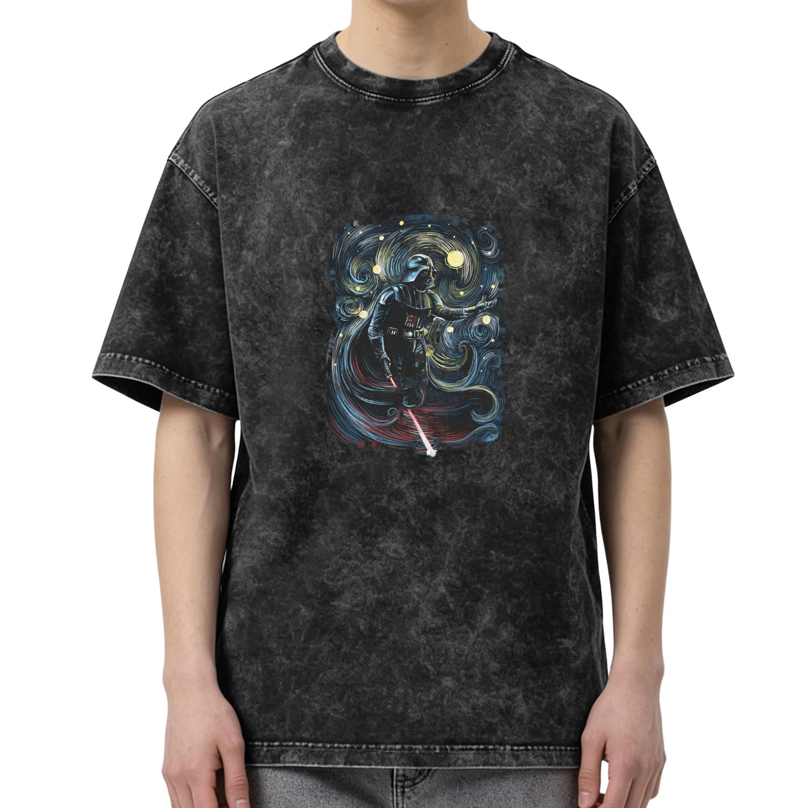 Washed Black T-Shirt with Darth Vader Starry Night Art Print