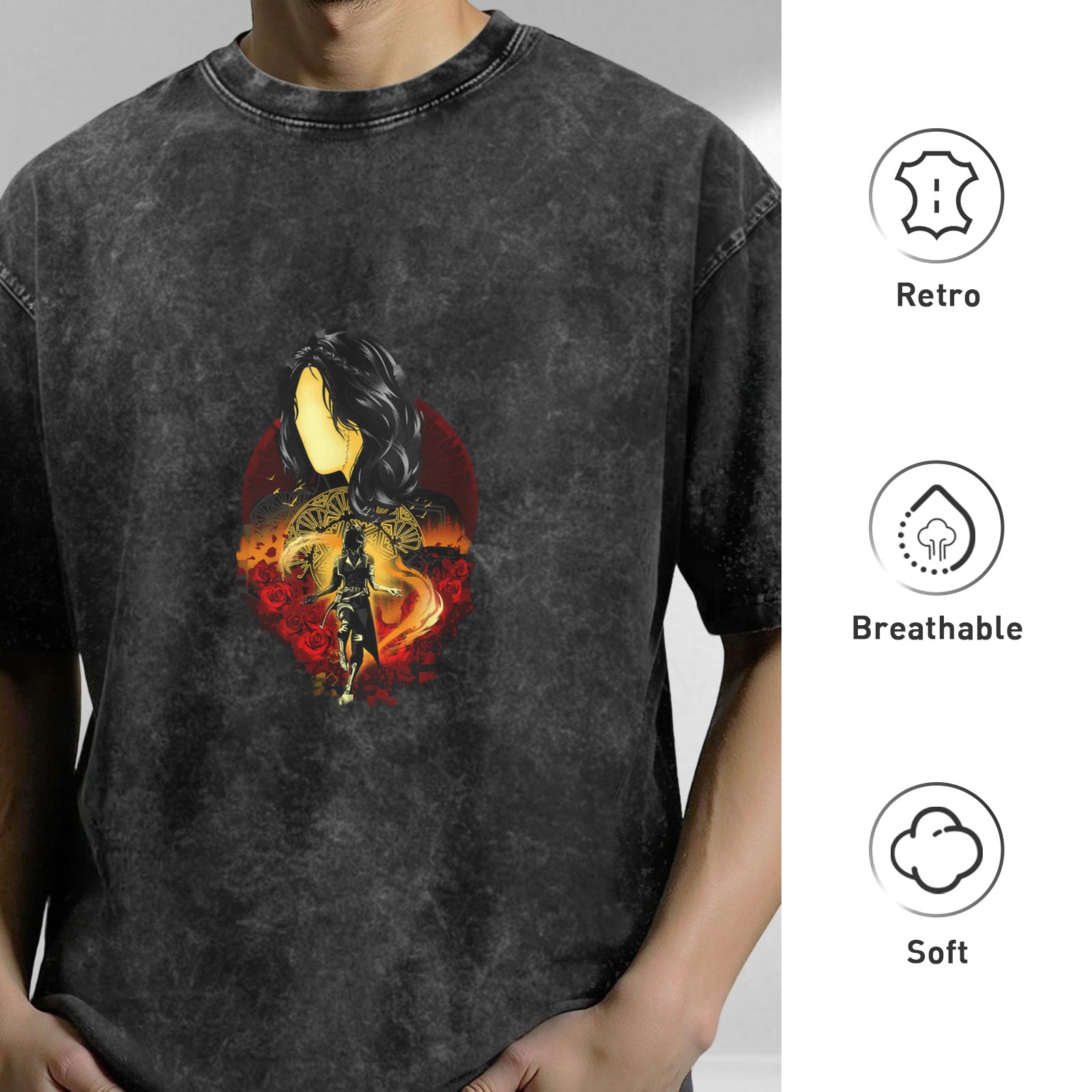 oversized acid wash graphic t-shirt with fantasy warrior woman print