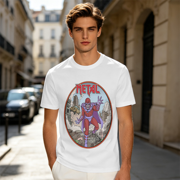 Olive T-shirt with Magneto Metal Comic Art Print