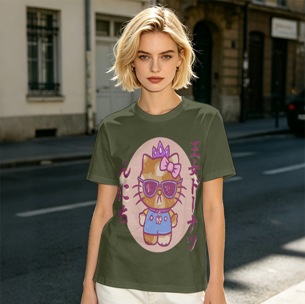 Olive T-Shirt with Cool Princess Cat Graphic Print