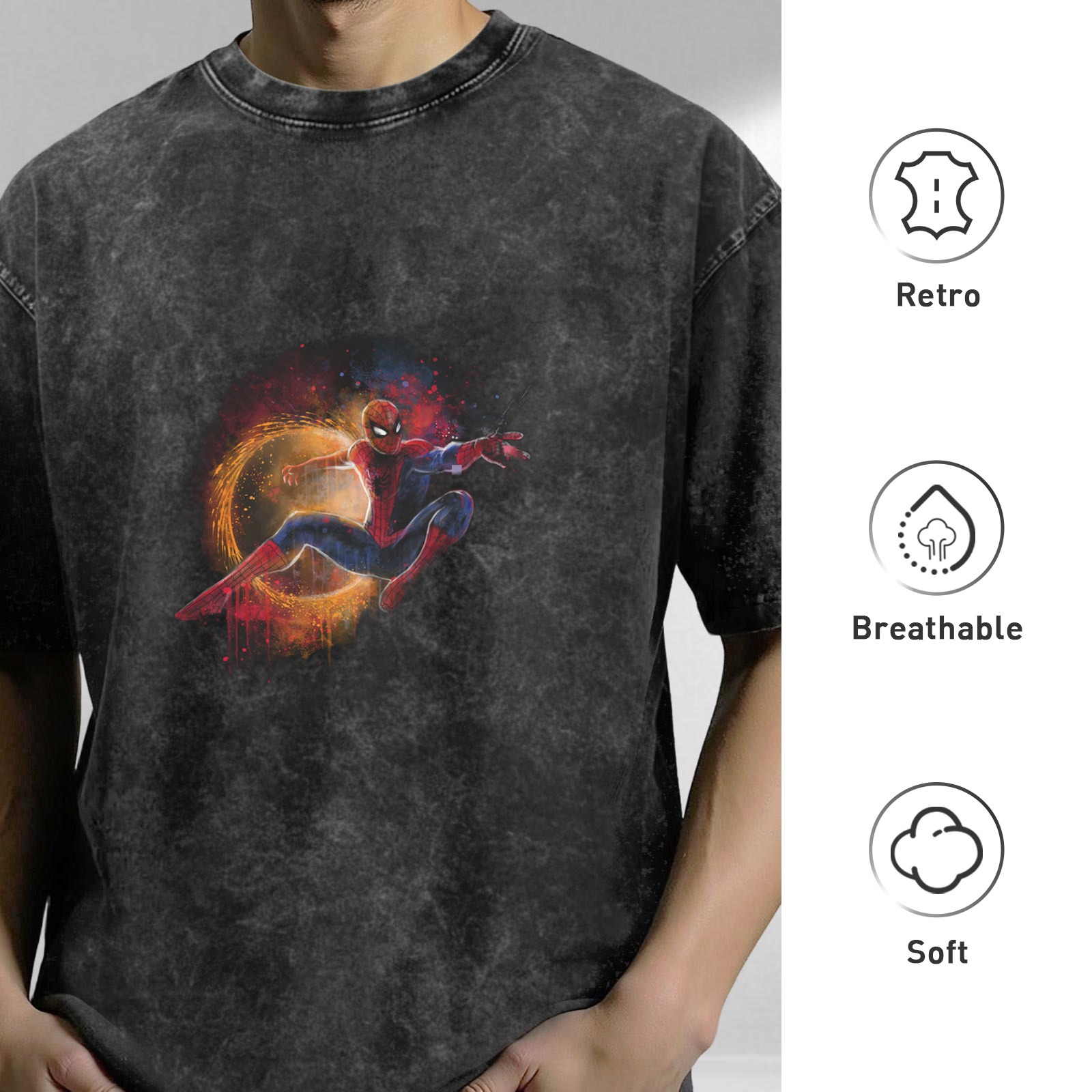 Oversized Acid Wash T-Shirt with Spider-Man Graphic Print