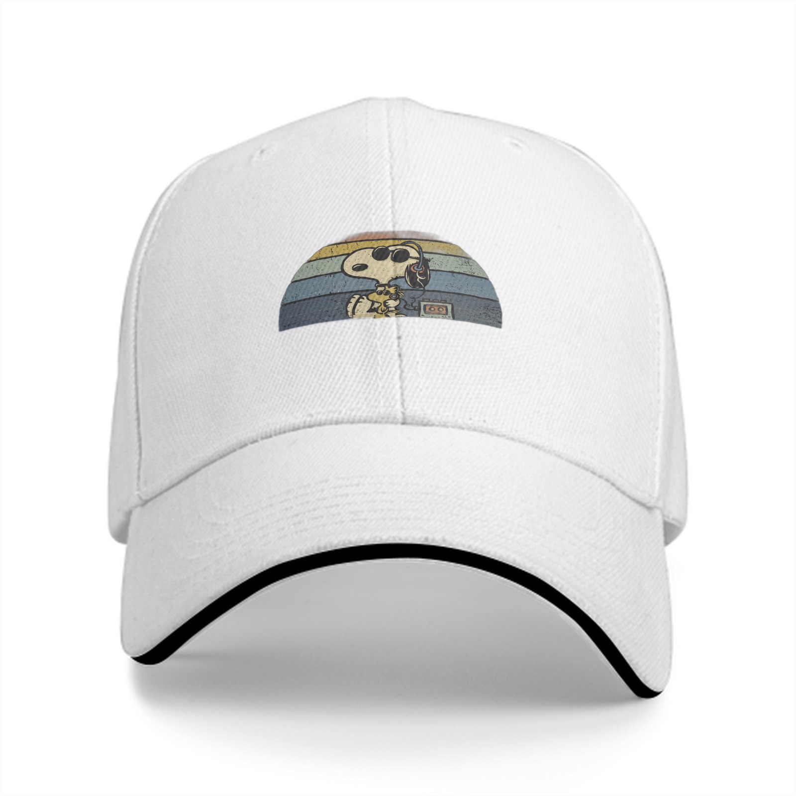Black baseball cap with Snoopy retro sunset graphic