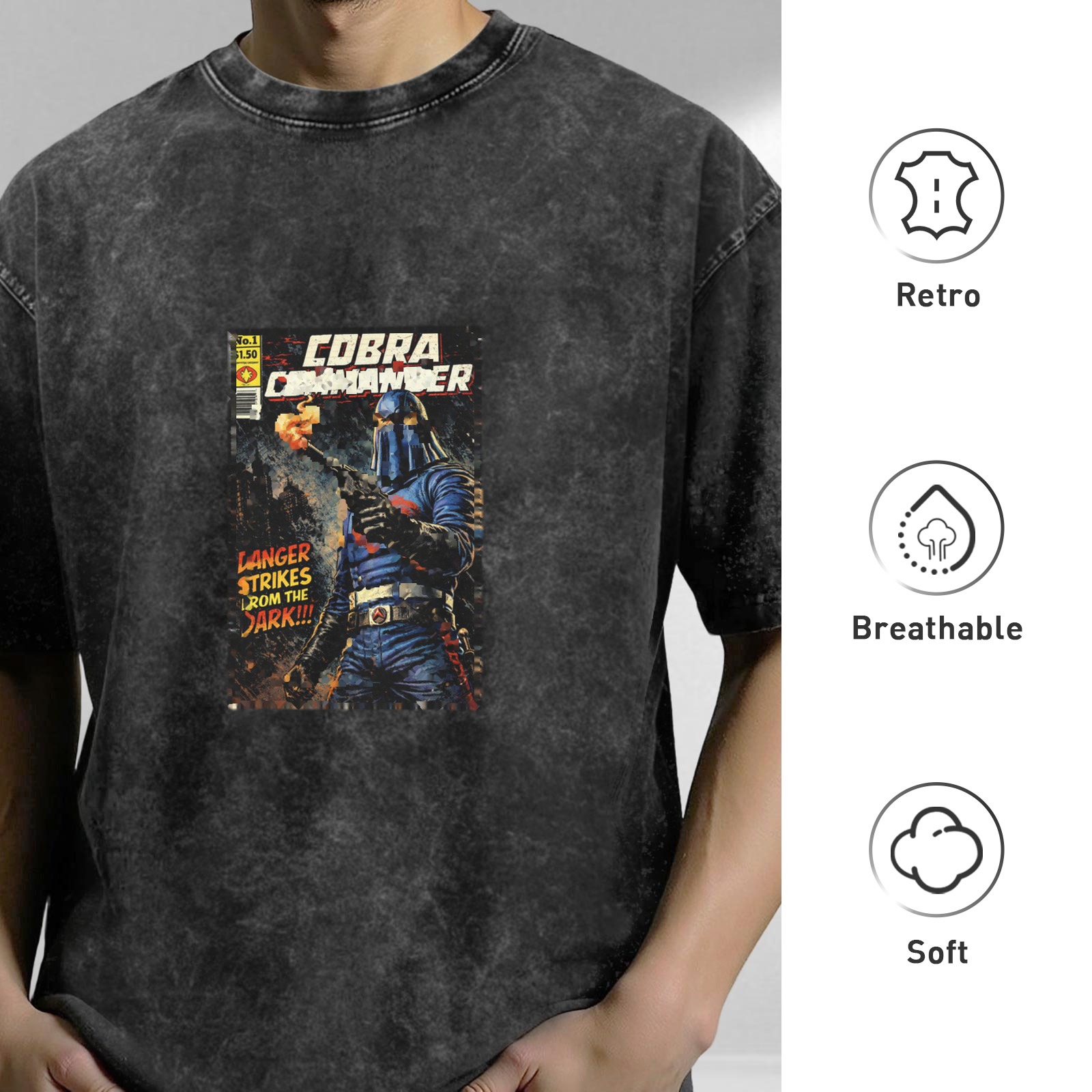 Cobra Commander Vintage Comic Print Dark Gray Stonewash T-Shirt