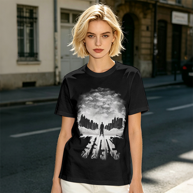Olive Green T-Shirt With Skull Silhouette Cityscape Artwork
