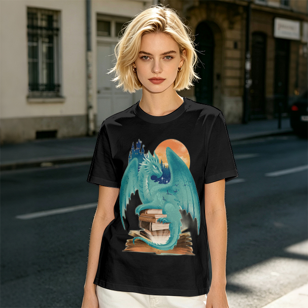 Teal Dragon Perched on Stacked Books Fantasy Graphic T-Shirt