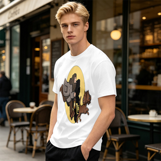 Olive T-Shirt With Cartoon Man And Dog Running Graphic