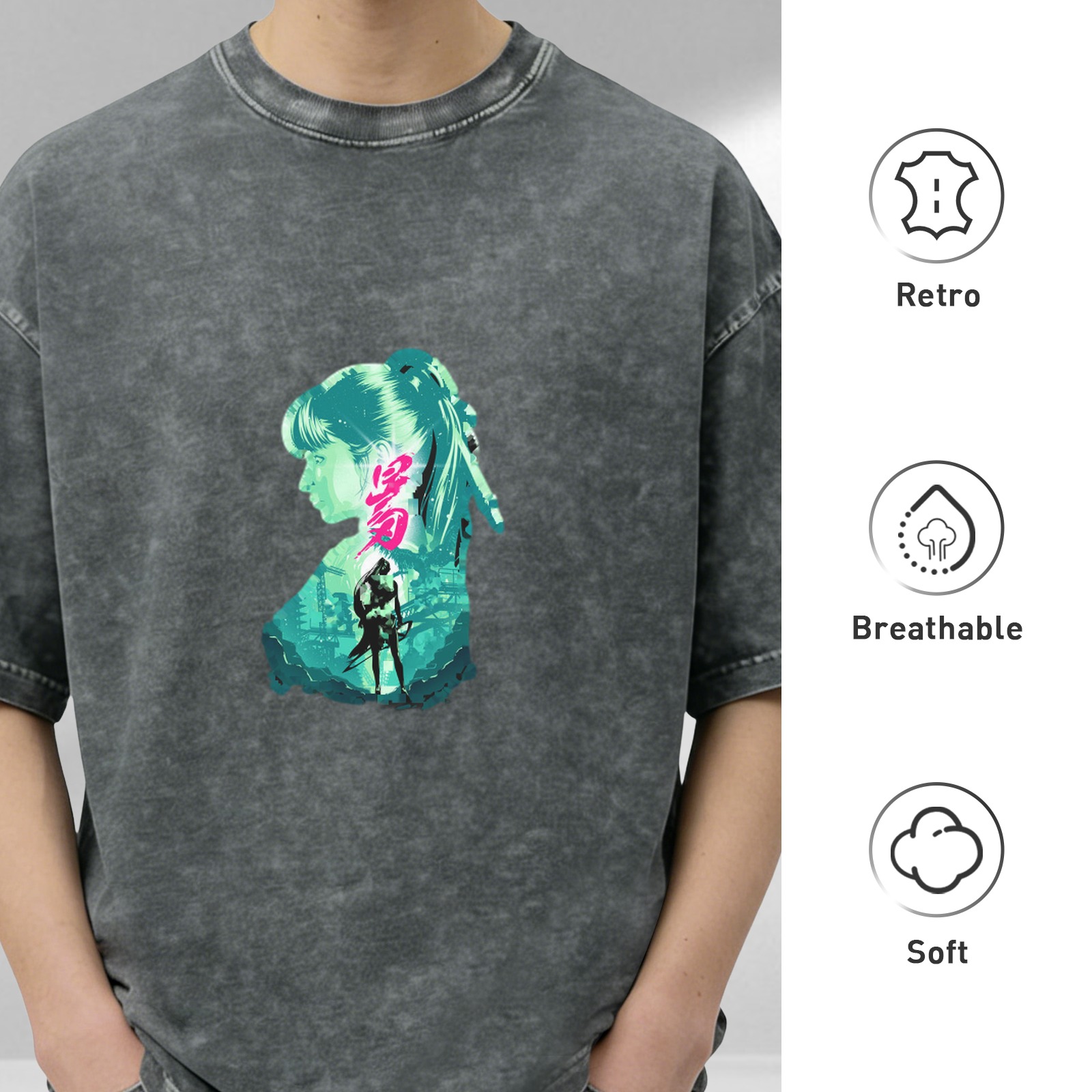 Washed Black Graphic T-Shirt with Neon Anime Girl Silhouette Print