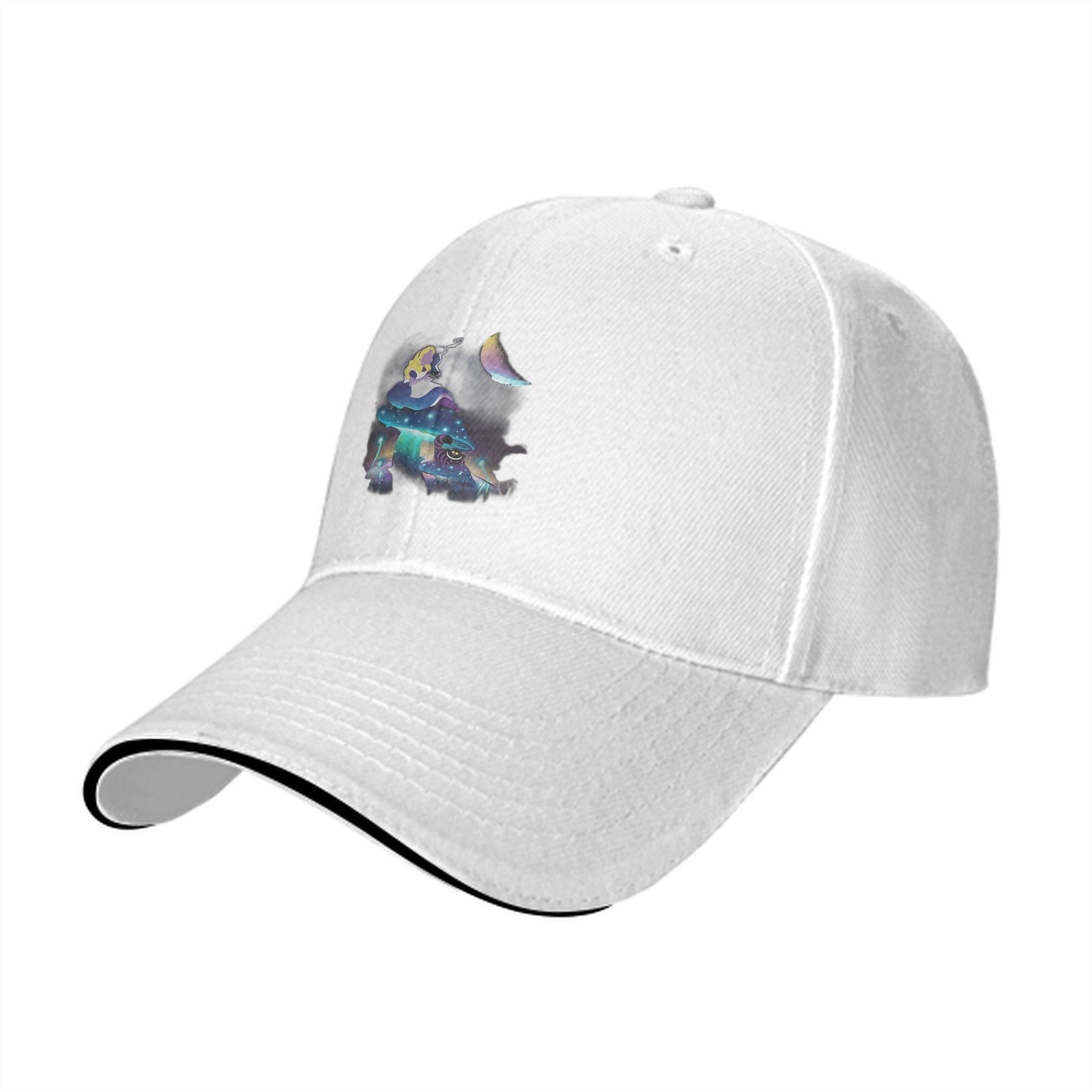 Black Baseball Cap With Mystical Mushroom Moon Artwork