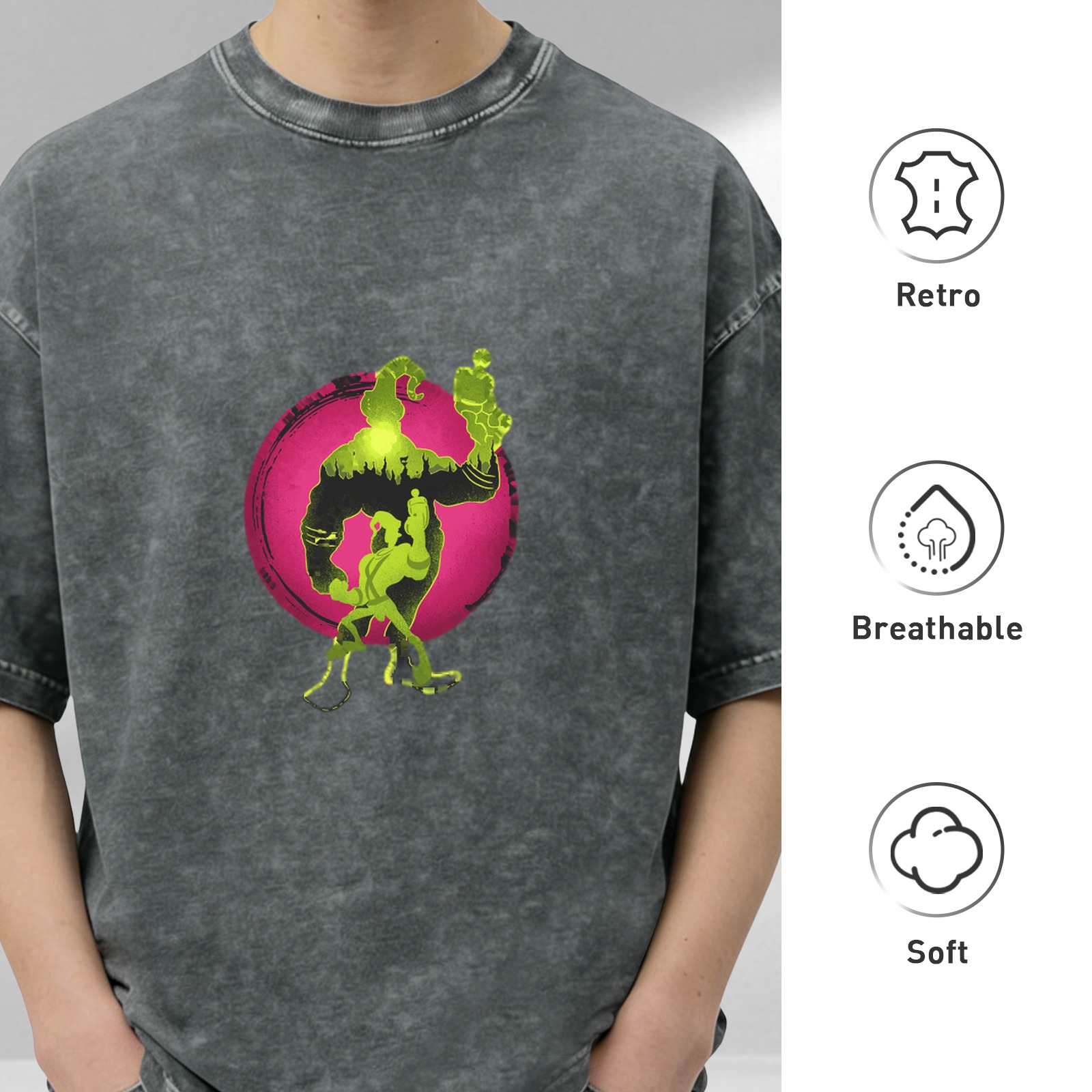 Oversized Acid Wash T-Shirt With Neon Green Cartoon Silhouette Print