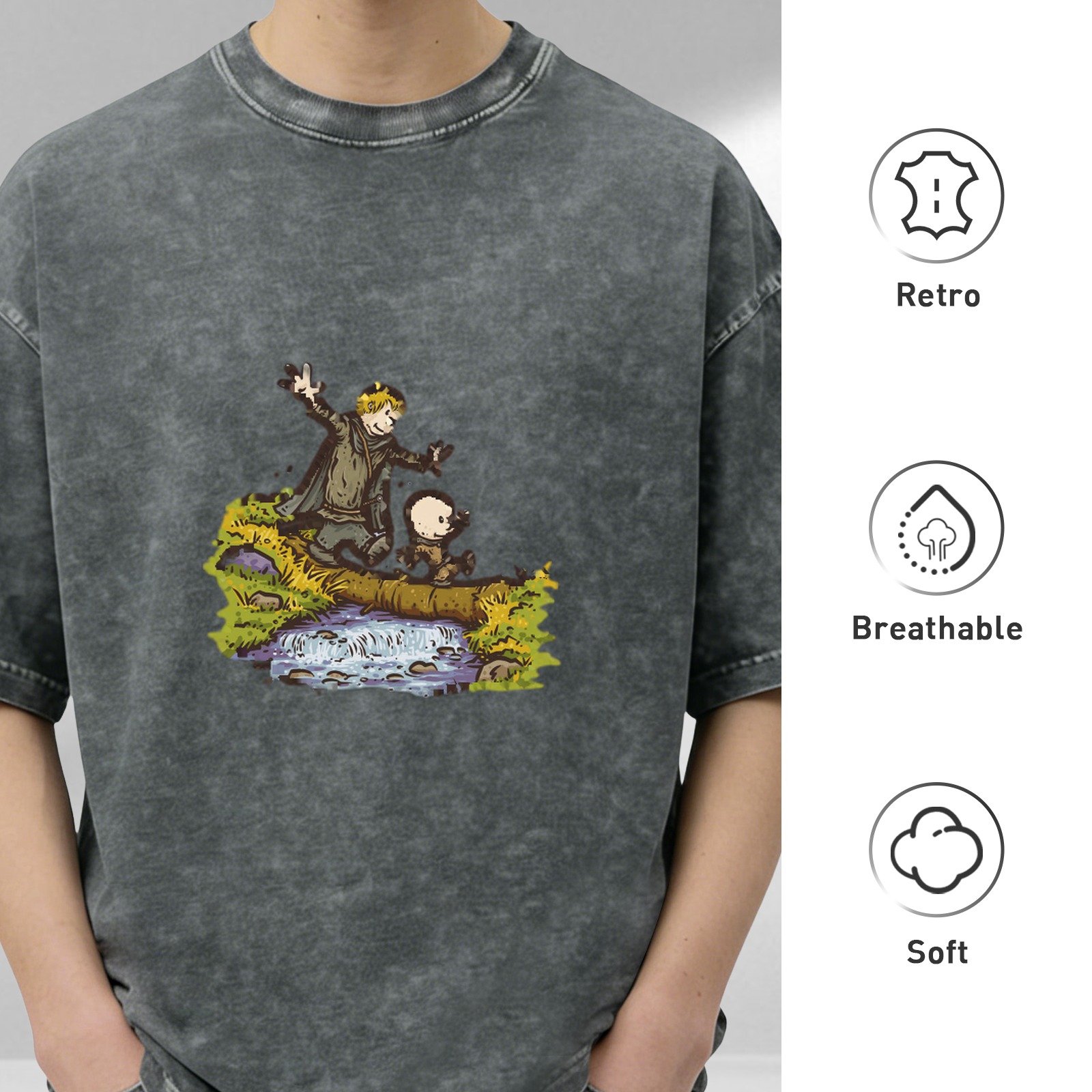 Vintage Washed T-Shirt With Fantasy Cartoon Characters Crossing Stream