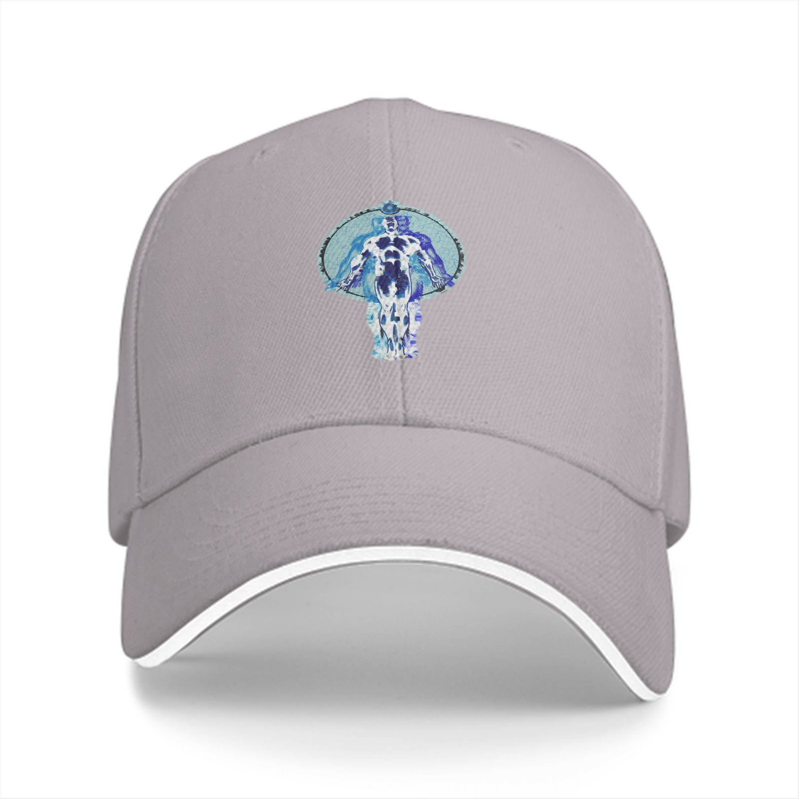 Black baseball cap with blue humanoid figure graphic