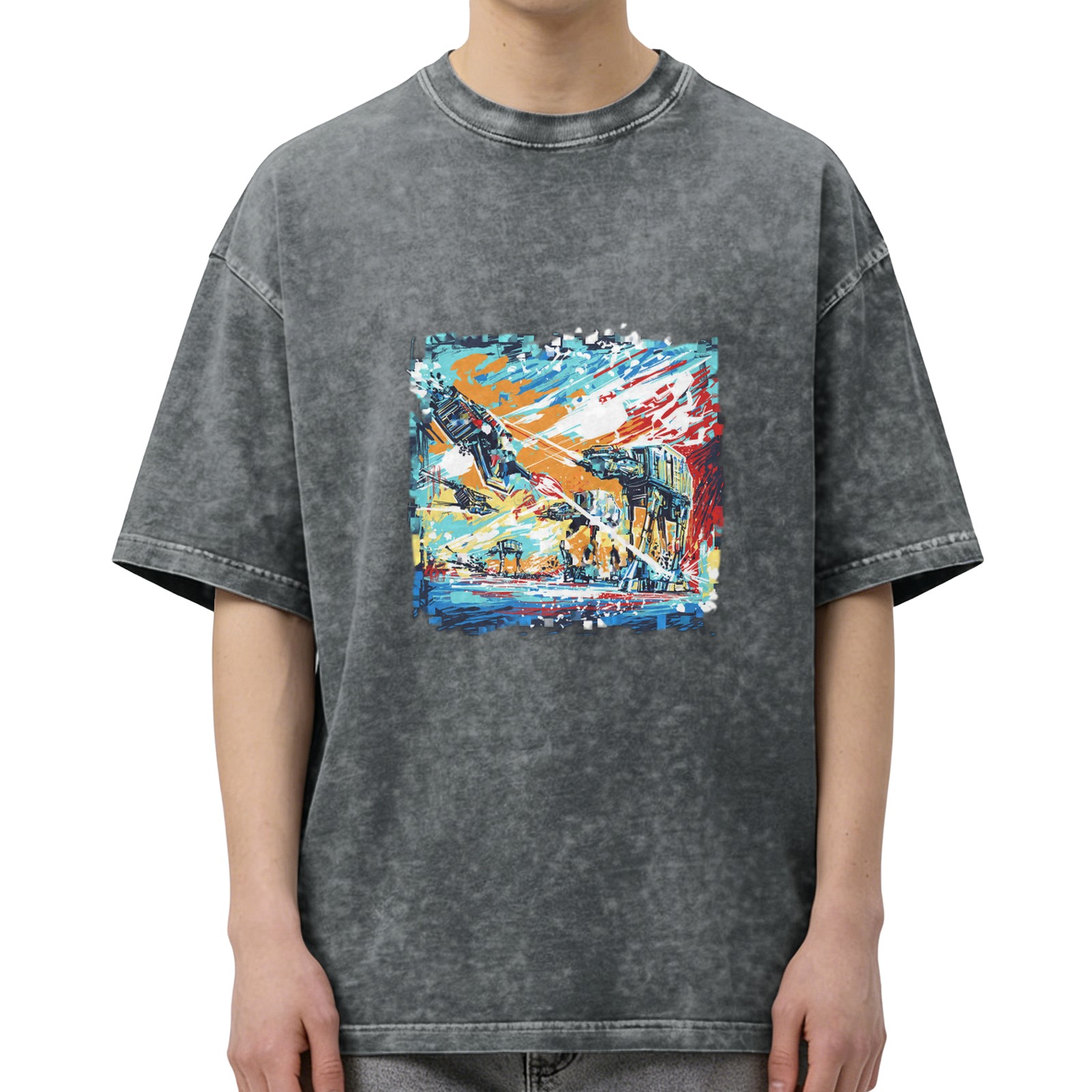 Washed Black Graphic T-Shirt with Sci-Fi Battle Art Print