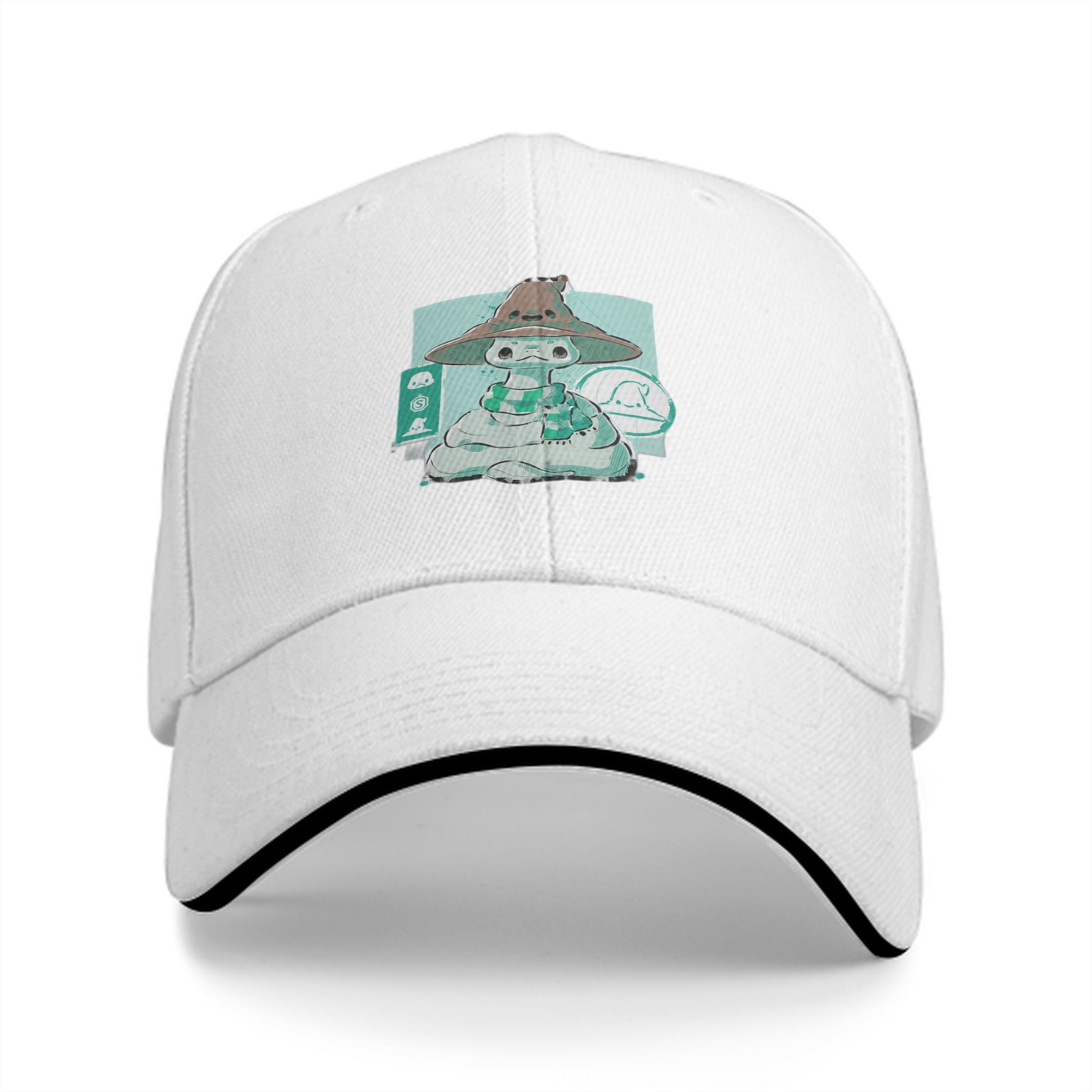 Black Baseball Cap With Cute Witch Snake Character Graphic