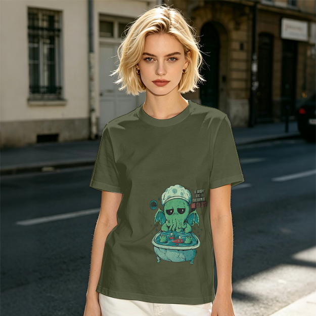 Olive T-shirt with Cute Sad Cthulhu Bathing Graphic