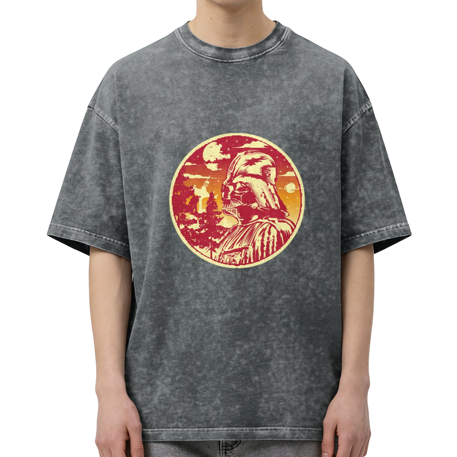 Oversized Dark Wash T-Shirt With Star Wars Darth Vader Sunset Print