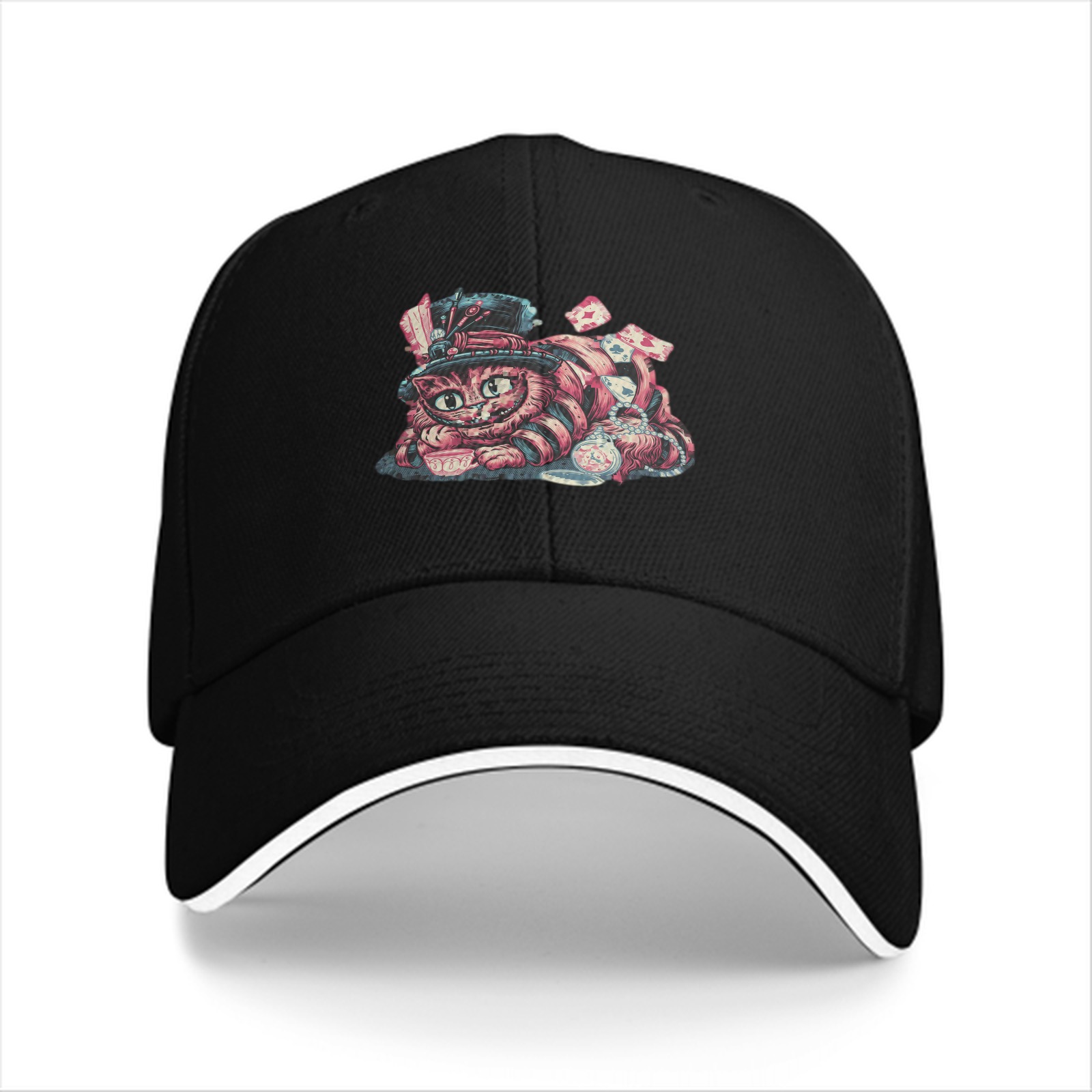 Black Baseball Cap with Whimsical Wonderland Cat Art Print