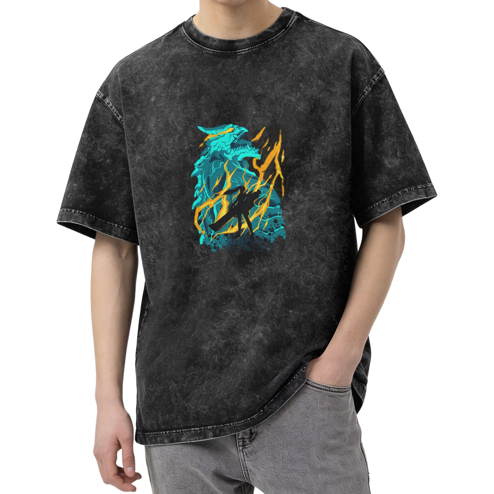 Oversized Acid Wash T-Shirt With Dragon Lightning Graphic Print