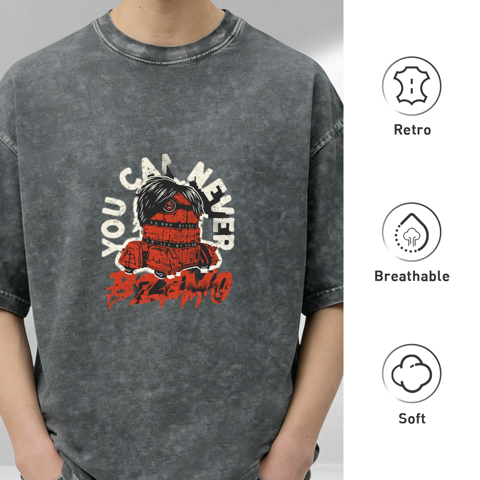 Washed black graphic t-shirt with You Can Never Bzimo text and red robot print