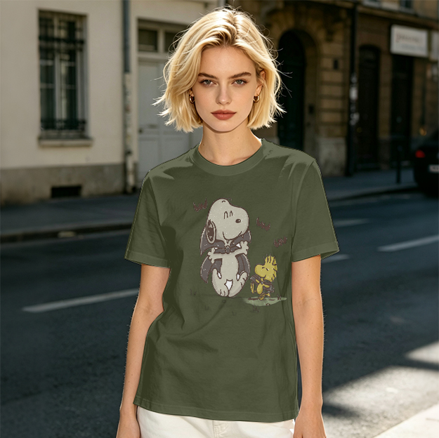 Olive T-shirt with Snoopy and Woodstock Graphic Print