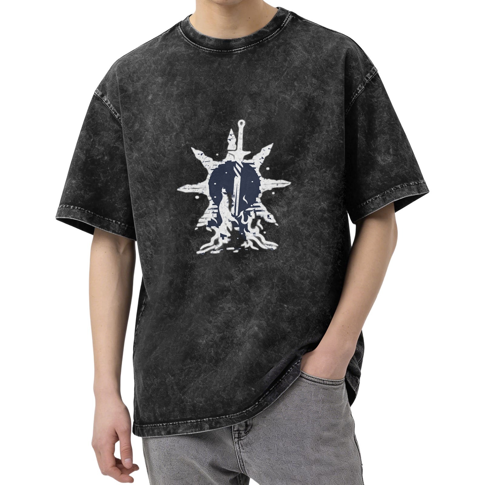 Distressed washed black loose short-sleeved T-shirt with fantasy style sword and star pattern
