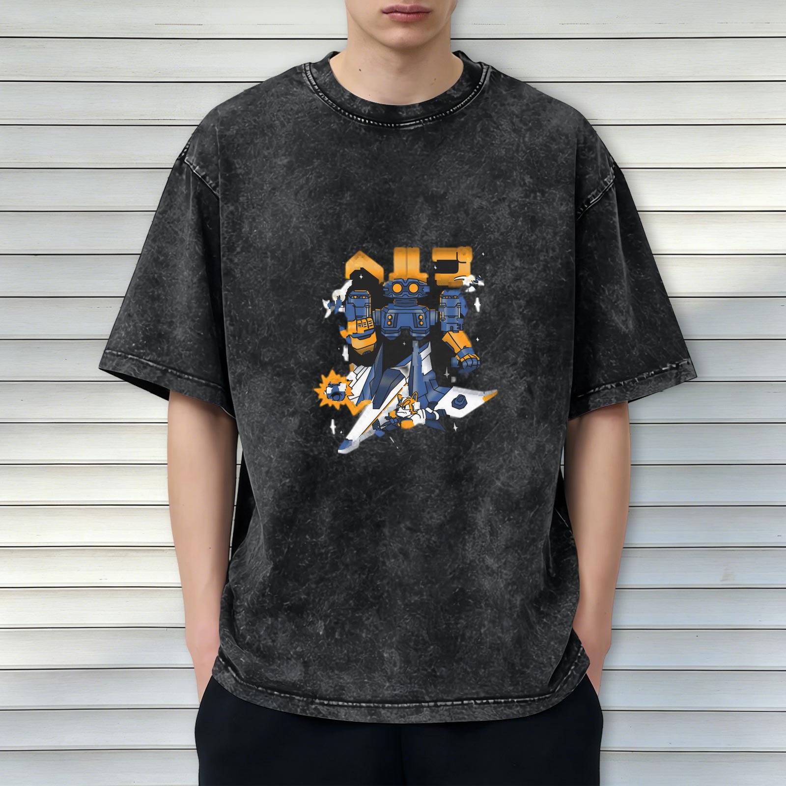 Oversized Black Stone Wash T-Shirt with Robot Graphic Print
