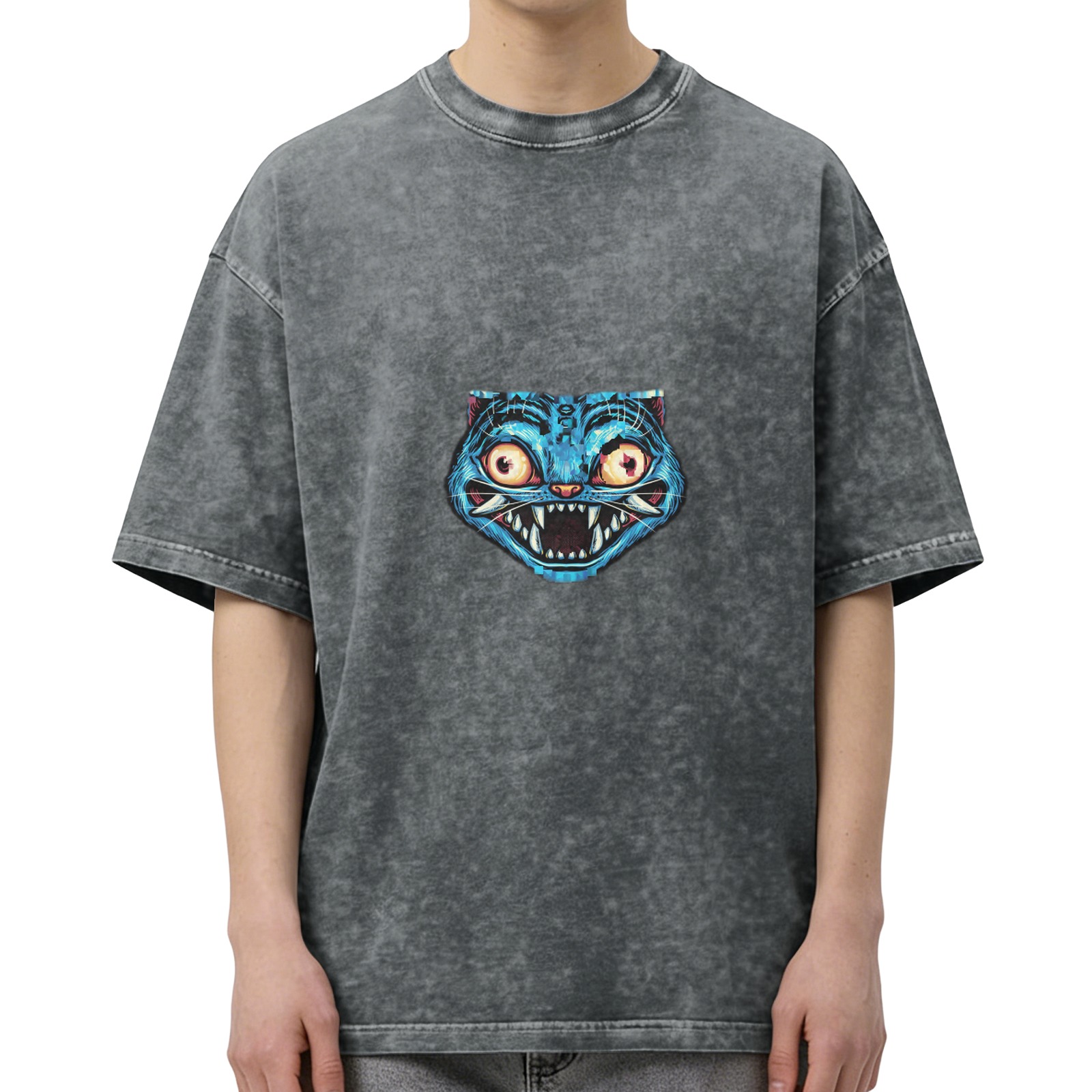 Oversized Acid Wash T-Shirt With Blue Monster Cat Graphic