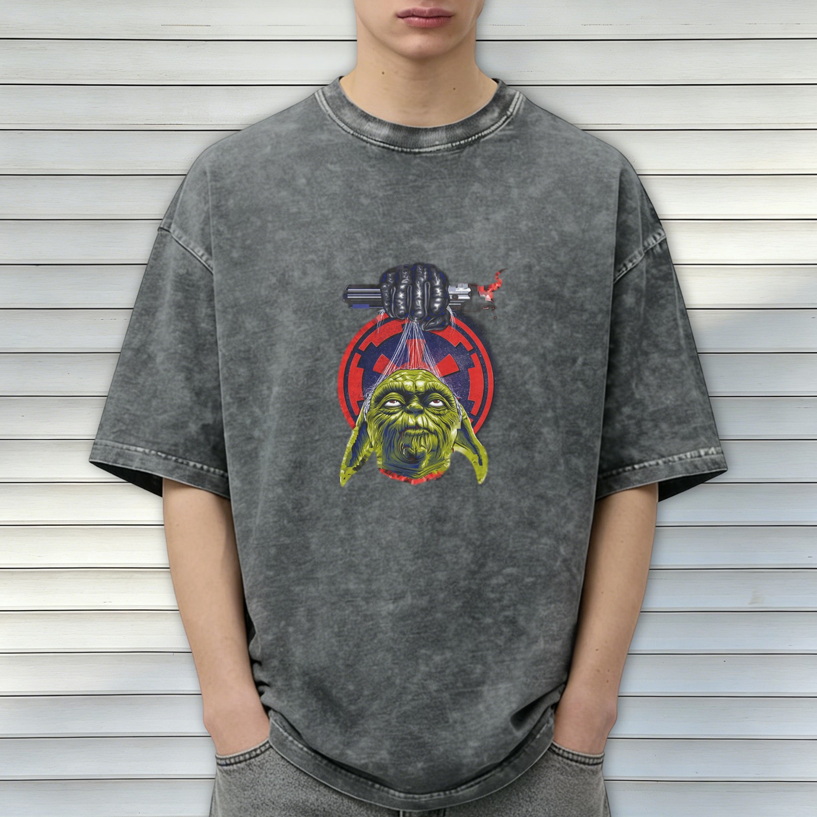 Star Wars Yoda Lightsaber Graphic Acid Wash T-Shirt