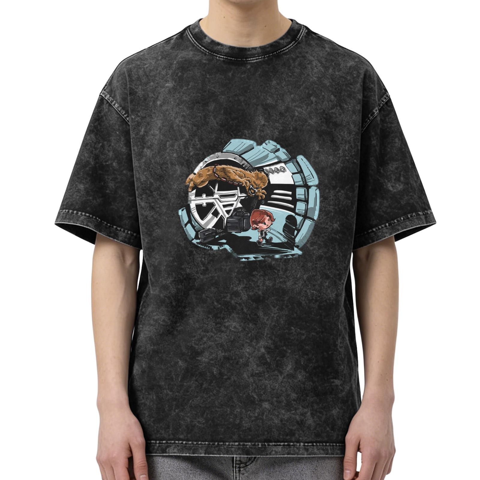Washed Black Graphic T-Shirt With Cartoon Sci-Fi Design