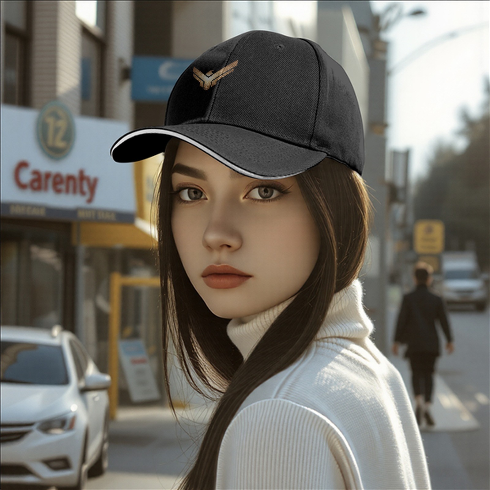 Black Baseball Cap With Gold Winged Emblem Design
