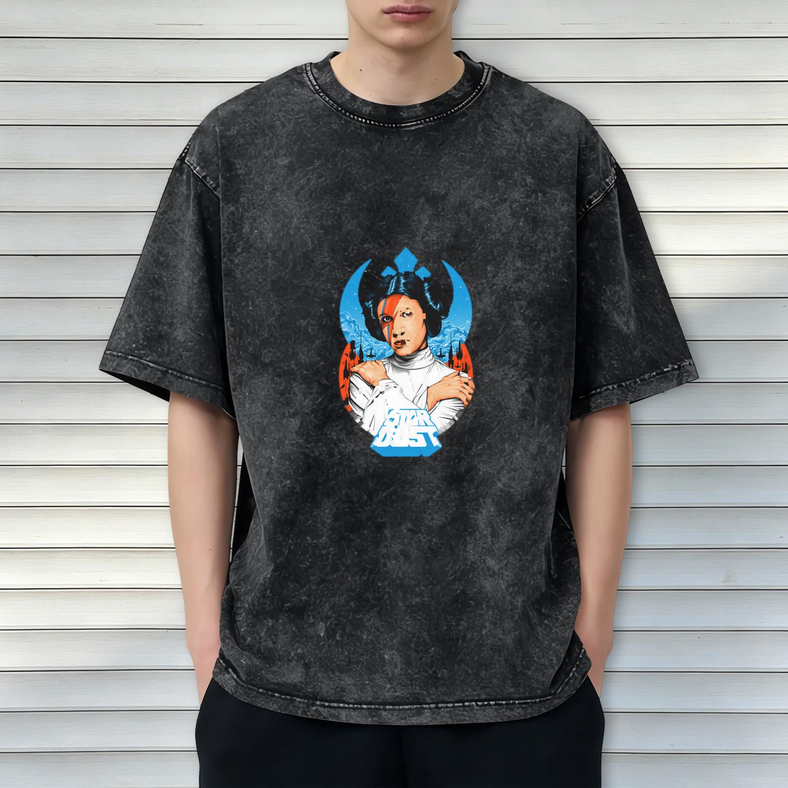 Washed Black T-Shirt with Princess Leia David Bowie Mashup Graphic