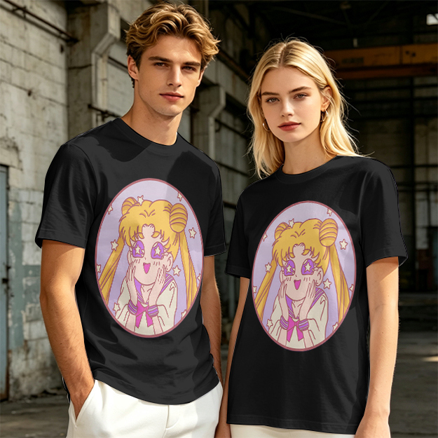 Olive T-shirt with excited anime girl star eyes graphic