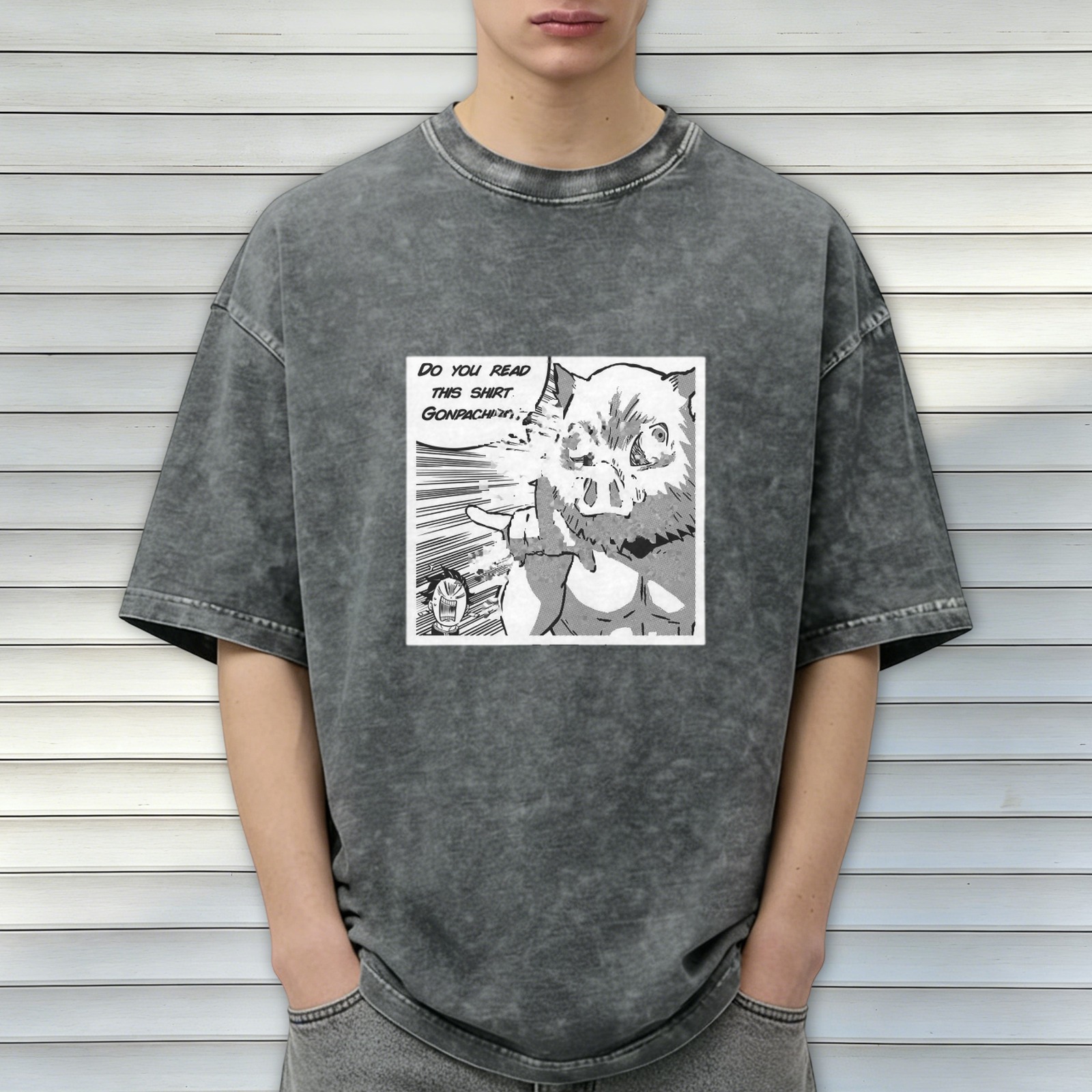 oversized acid wash manga panel t-shirt with do you read this shirt gonpachiro print