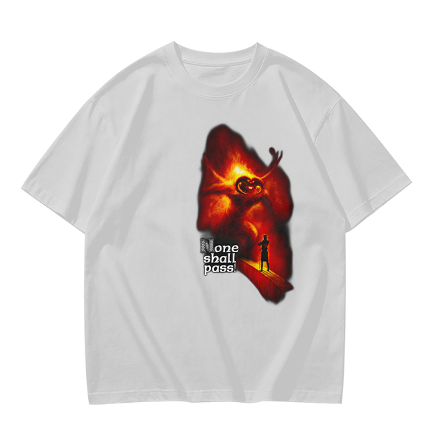 Olive T-Shirt with 'None Shall Pass' Fire Demon Graphic