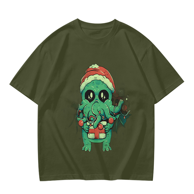 Olive Green T-Shirt With Cute Christmas Cthulhu Graphic