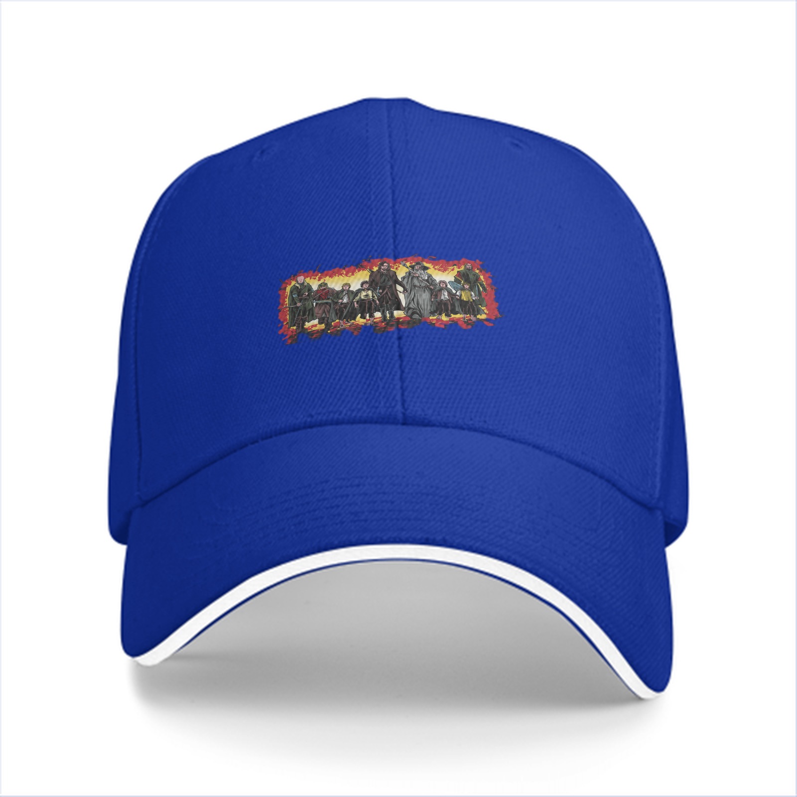 Black baseball cap with fantasy adventure group character print