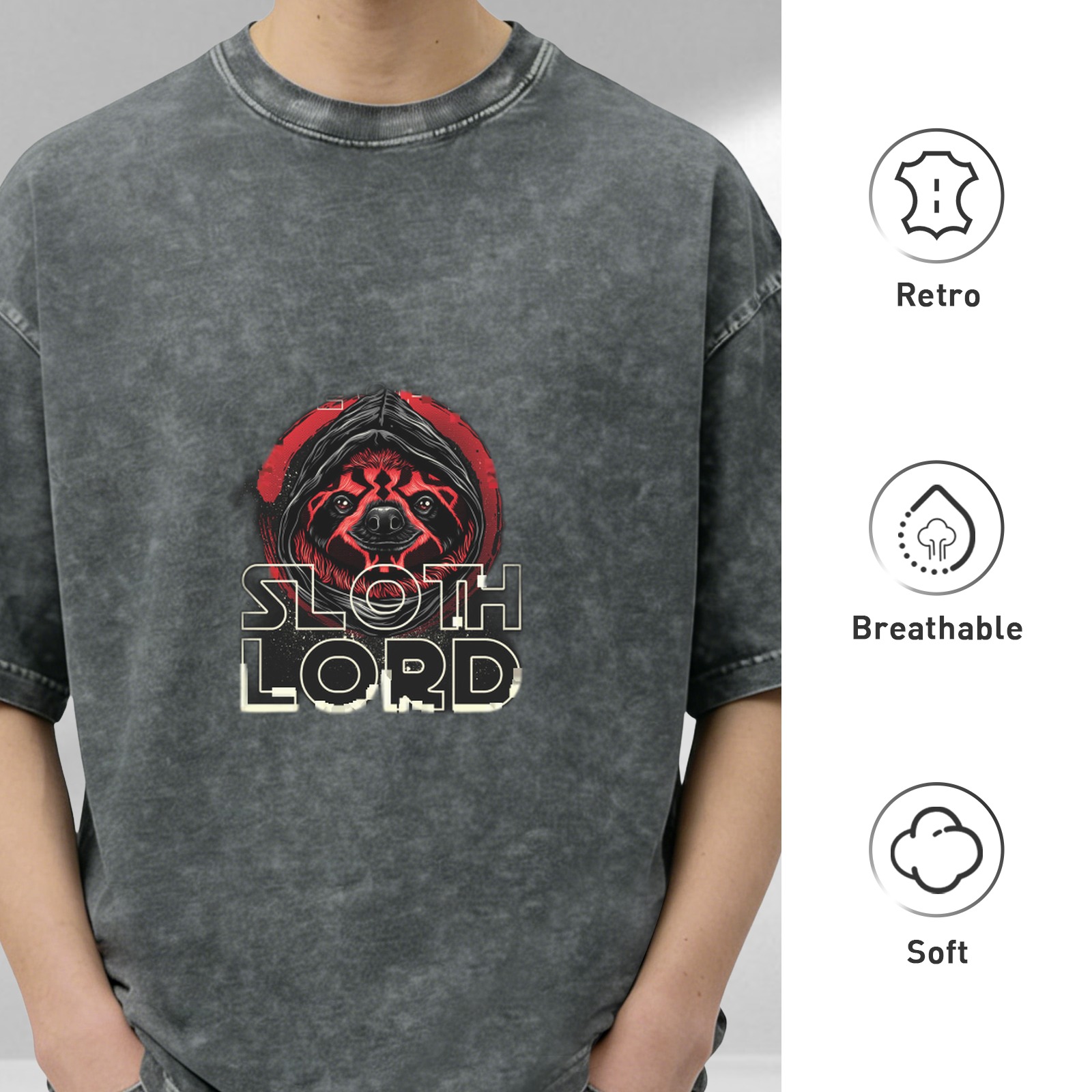 Washed Black Graphic T-Shirt with Sloth Lord Sith Design