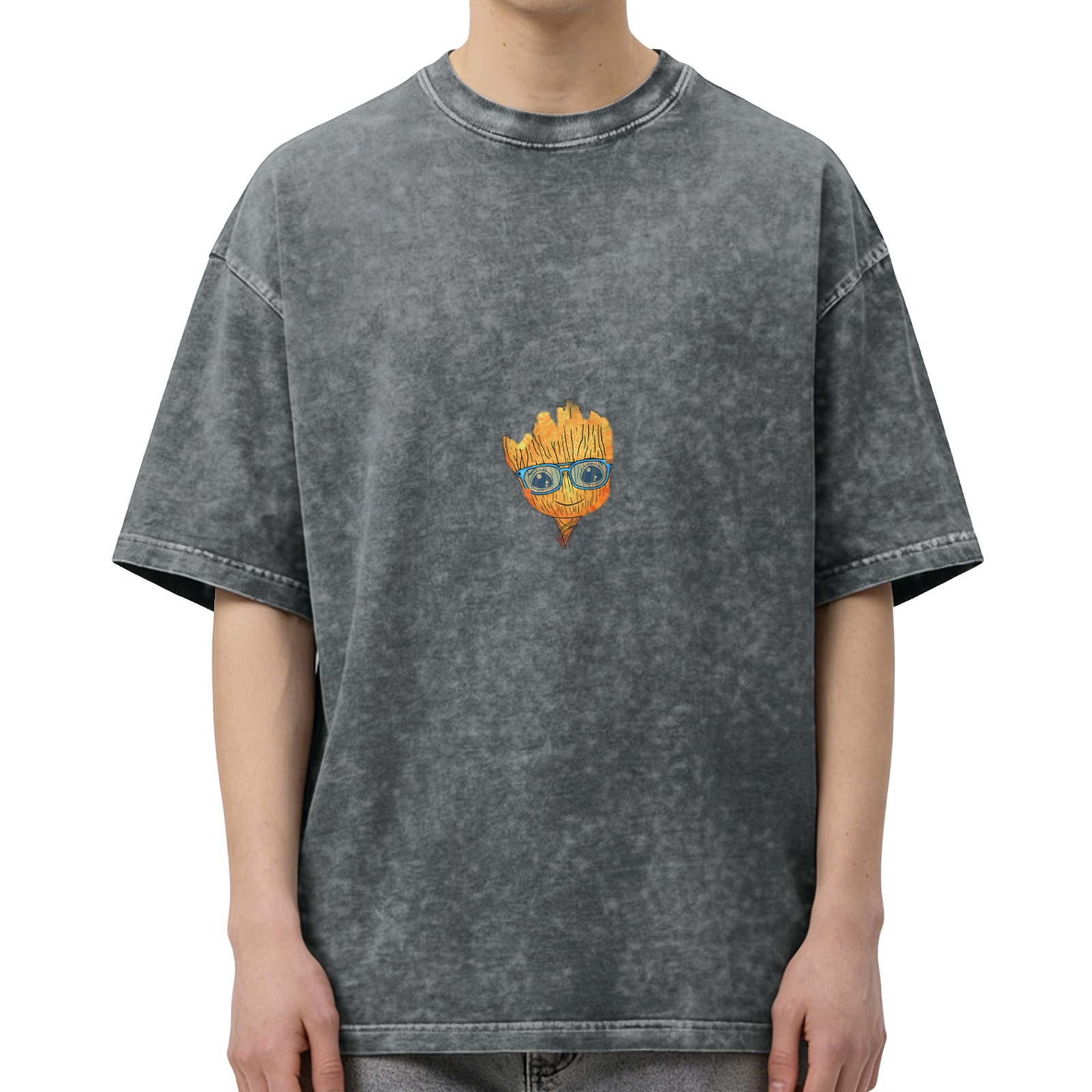 Washed black oversized t-shirt with Baby Groot graphic print