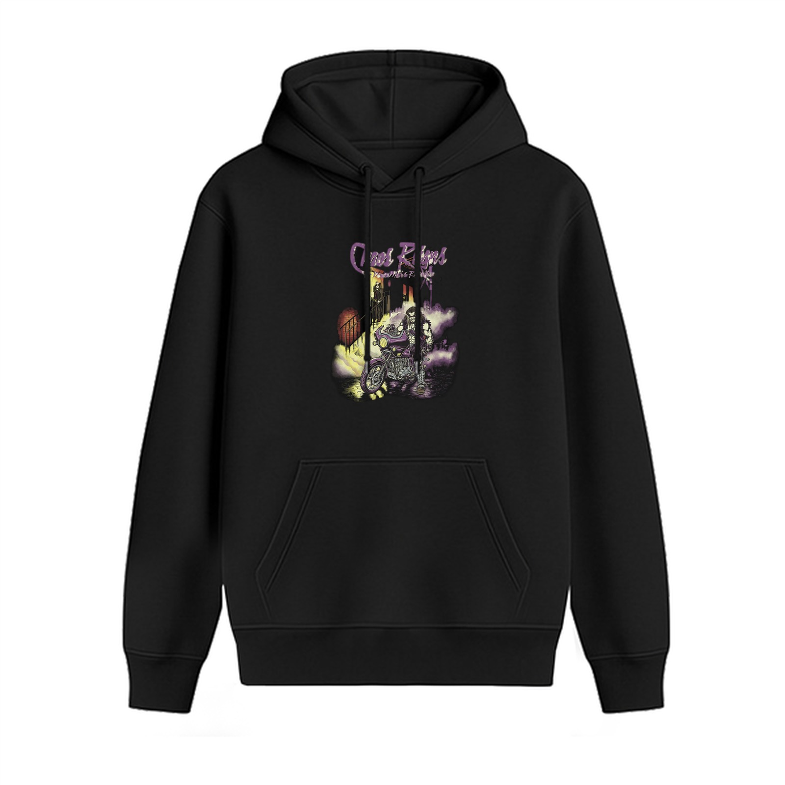 Black hoodie with gothic motorcycle graphic print