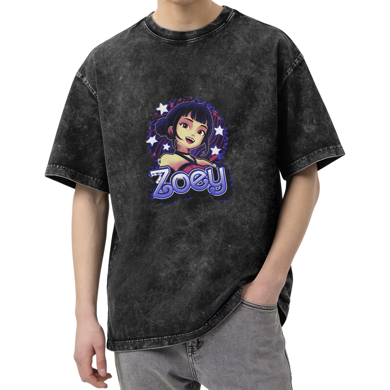 Oversized dark washed graphic t-shirt with anime girl and Zoey text