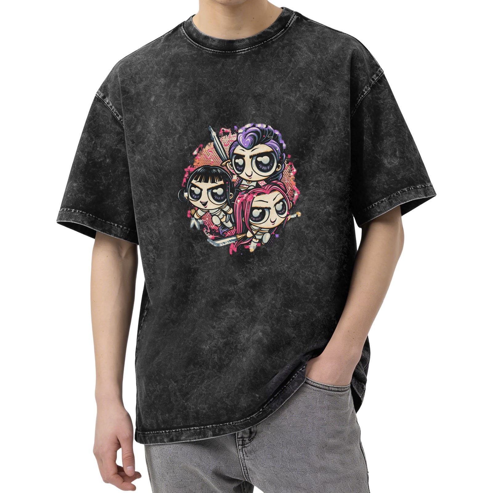 Distressed washed black cartoon print short-sleeved T-shirt