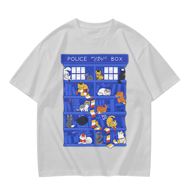 Olive T-Shirt with Police Box and Playful Cats Graphic