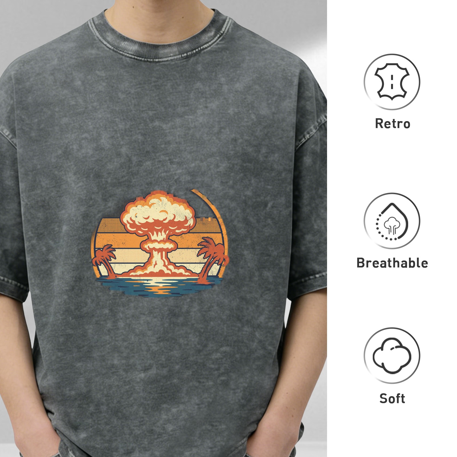 Vintage Acid-Wash Black Oversized T-Shirt with Retro Nuclear Explosion & Palm Tree Sunset Graphic Print