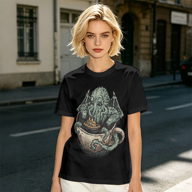 Cthulhu in a teacup with tiny ship graphic t-shirt