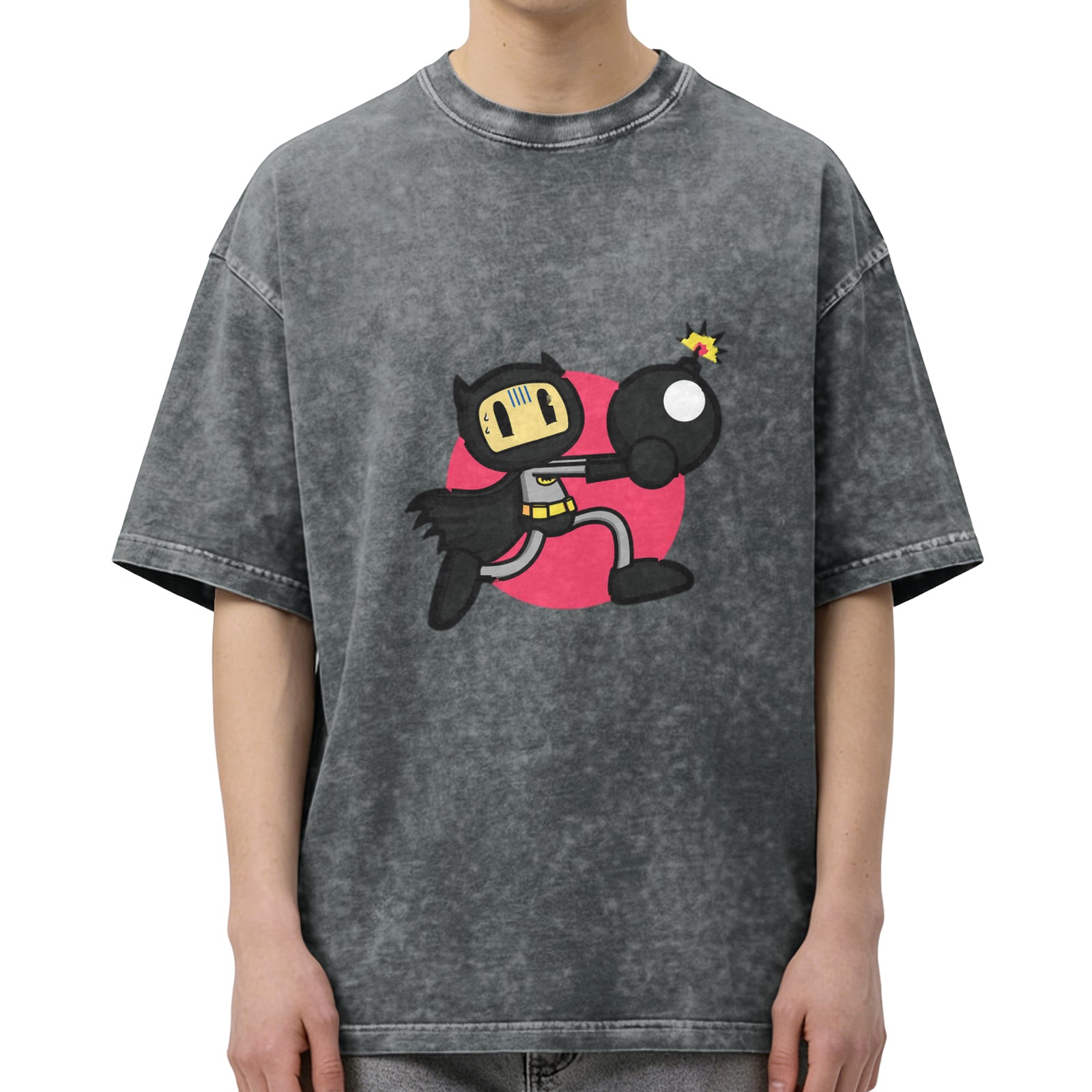 Oversized Acid Wash T-Shirt With Batman Bomber Cartoon Graphic