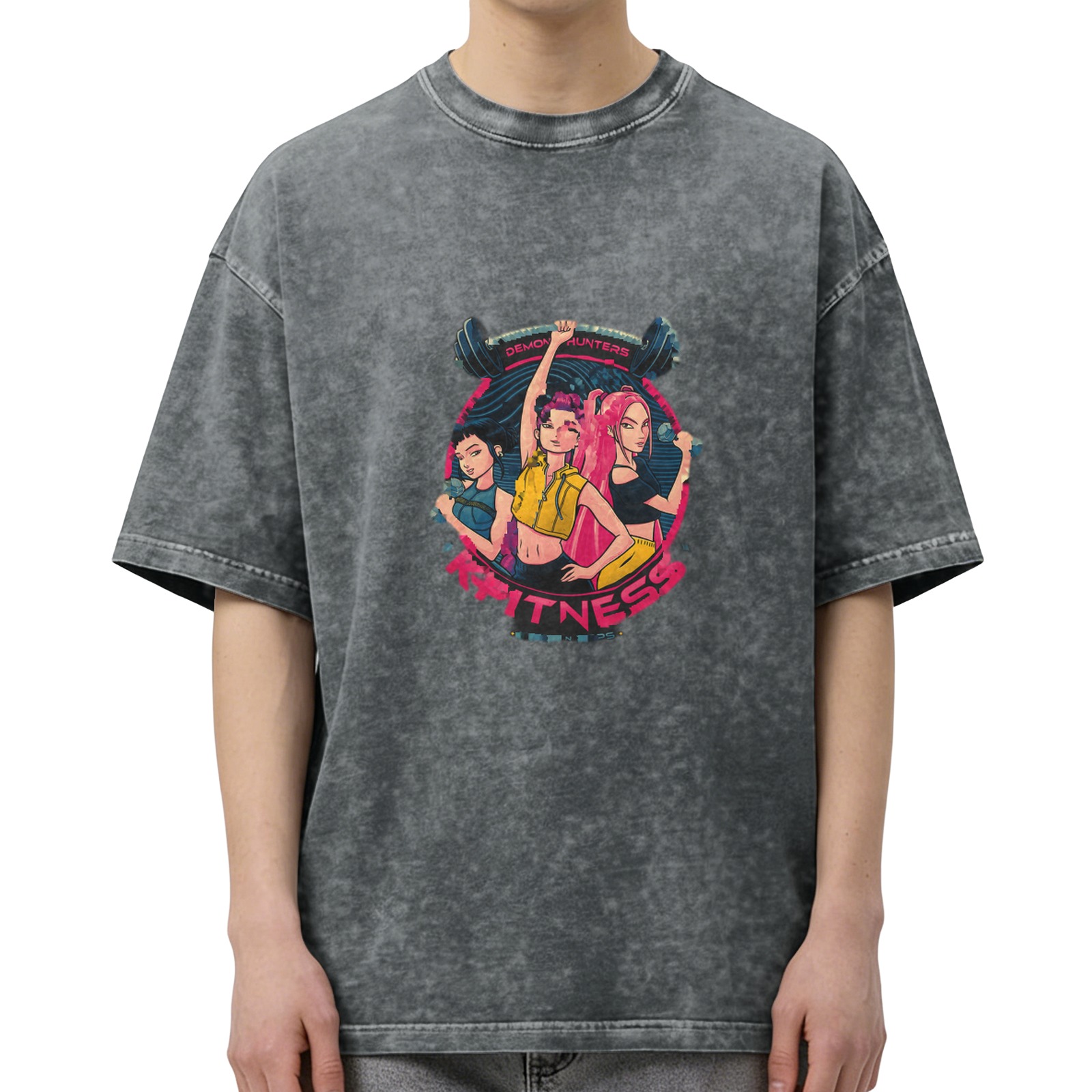 Washed Black Graphic T-Shirt with Anime Demon Hunters Fitness Design