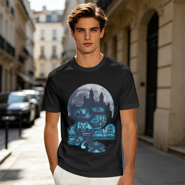 Olive T-Shirt With Glowing Castle Moon Night Graphic Print